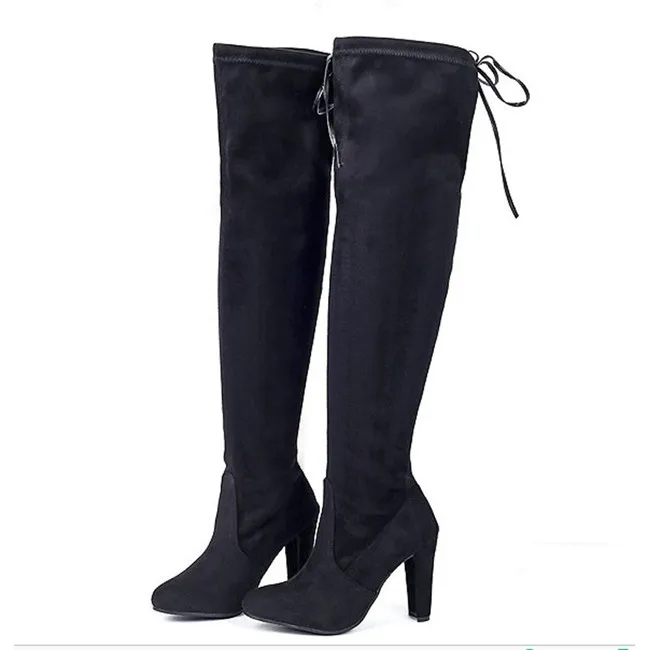 Для женщин зимние ботинки из замши женские зимние сапоги выше колена модные, пикантные женская обувь на высоком каблуке; женские облегающие сапоги до бедра; Botas; большие размеры 35-43 - Цвет: Черный