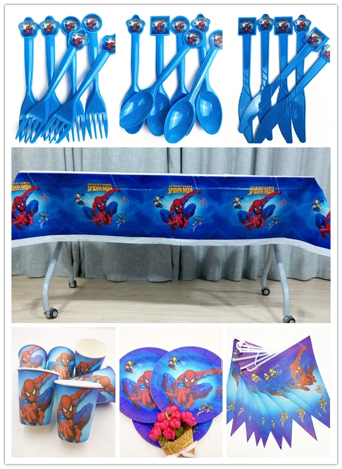 

52pcs/set Spiderman Kids Birthday Party Decoration Tablecloth Cups Plates Flag Knife Fork Spoon Event Party Supplies Boys Favors