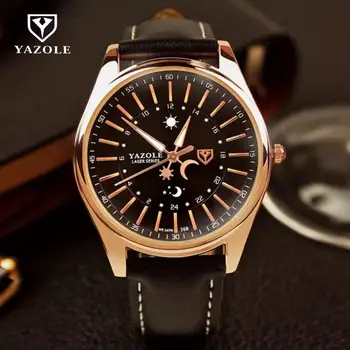 

Luxury YAZOLE Brand Backlight Sun Moon Genuine Leather High Quality Quartz Wristwatches Wrist Watch Gift for Men Male No.368