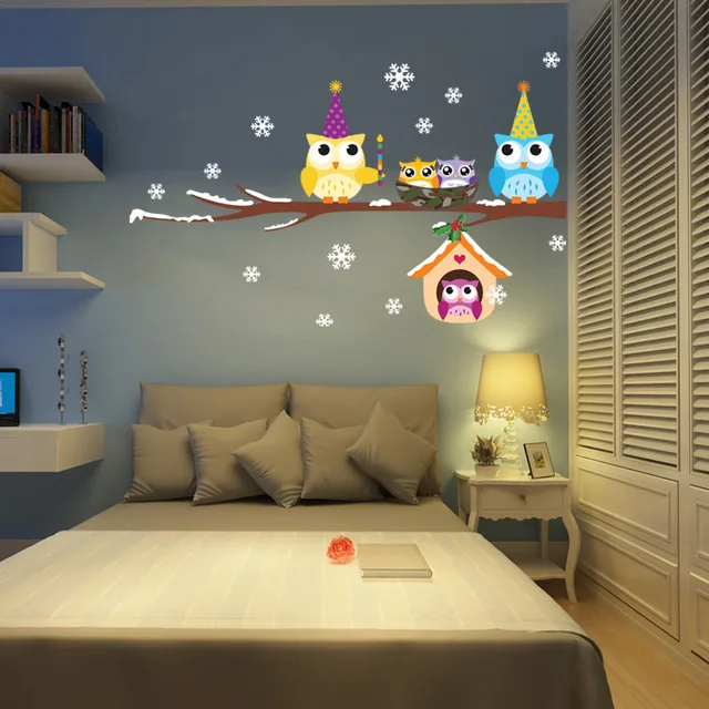 New Snow Owl Cartoon Christmas Tree Decorations Children S Bedroom New Snow Owl Cartoon Christmas Tree Decorations Children S Bedroom Wall Stickers Vinyl Wallpaper Home Decor