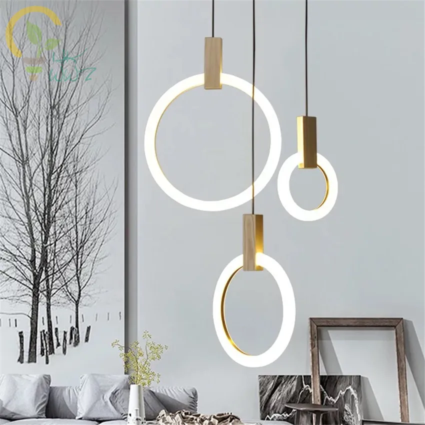 Billig Moderne Holz Led Anhänger Lichter Für Lobby Esszimmer Acryl Ring Kunst Dekoration beleuchtung Antiken Gold suspension Anhänger Lampe