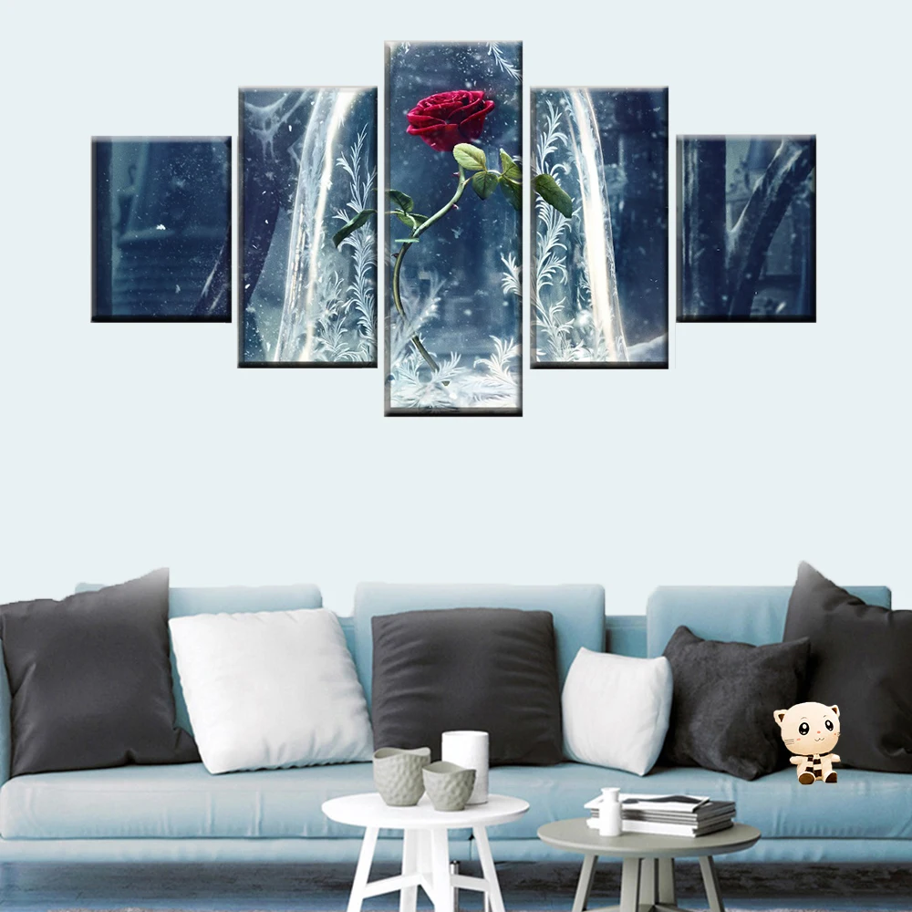 

HD Print 5 Panel Movie Poster Beauty and Beast Red Rose Painting Home Decor Canvas Modular Picture Art Wall Decoration Cuadros