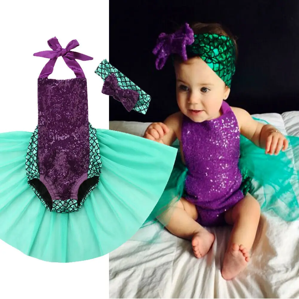 

2PCS Newborn Baby Girl Scale Bodysuit Tulle Dress Jumpsuit Outfit Cute Sunsuit Playsuit Bow Headband