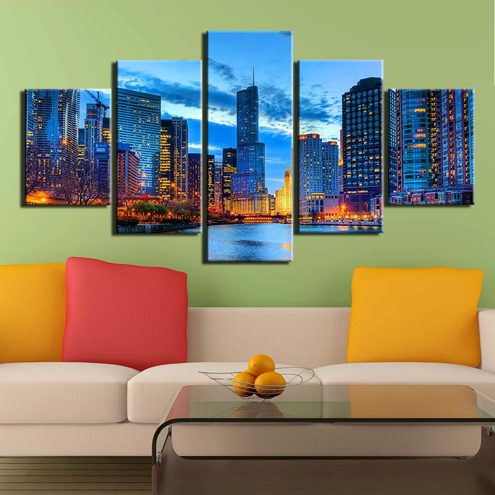 

Wall Art Painting Canvas Print City night scene Pictures 5 Pieces Prints Poster For Living Room Home Decor Modern Artwork
