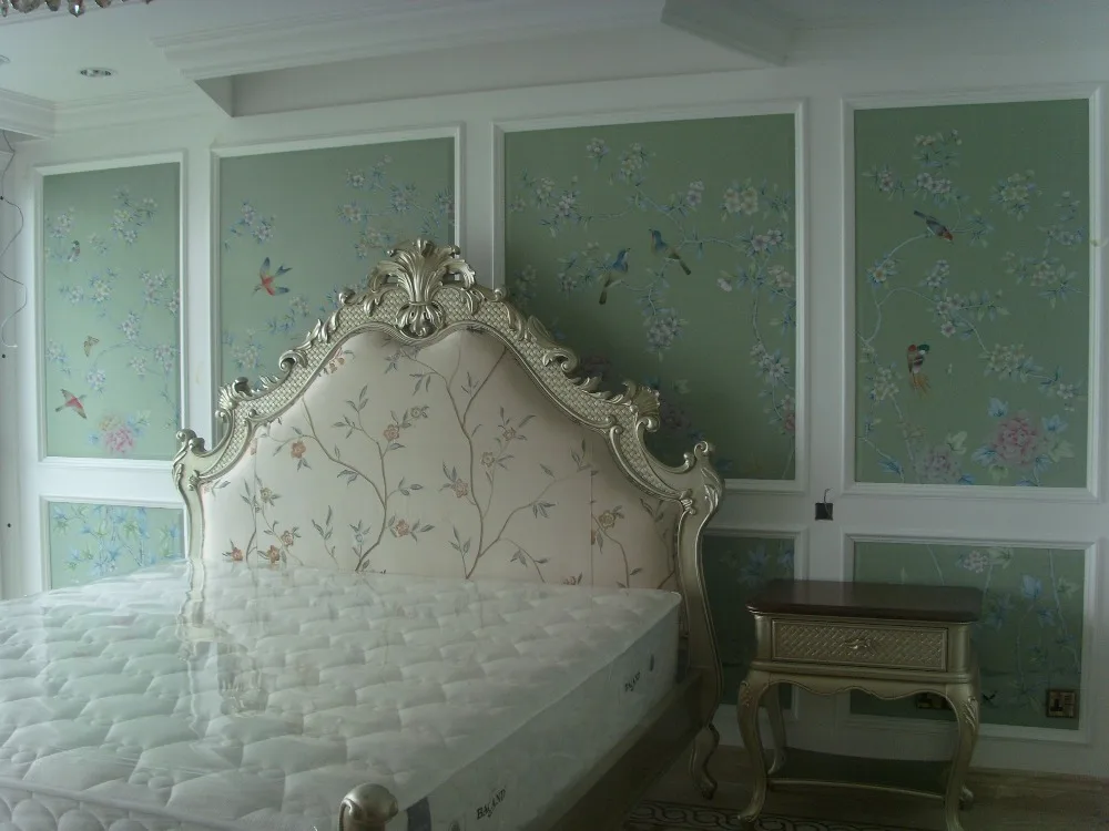 

Classic elegant Hand-painted silk wallpaper Customized painting flower with birds wallcovering many patterns/background optional