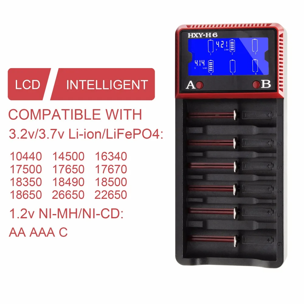 

6 Ports Universal Battery Charger Intelligent LCD Display Charger 18650 For Rechargeable Battery lithium lifepo Ni-MH Ni-CD AA