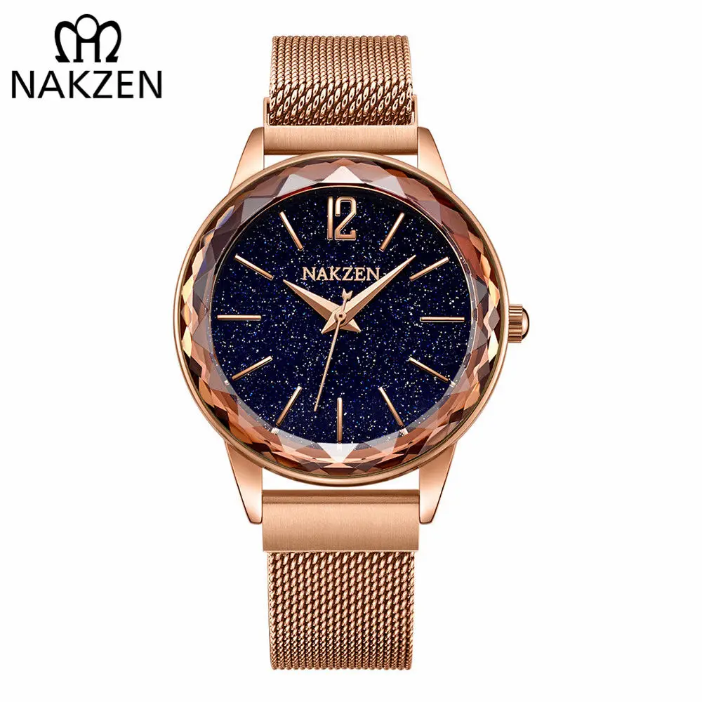 

NAKZEN Rose Gold Women Watches Minimalism Starry sky Magnet Buckle Fashion Wristwatch Waterproof Roman Numeral reloj mujer