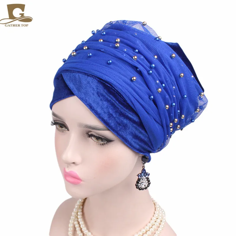 Роскошный массовый Золотой бисерный сетчатый головной убор бархатный нигерийский тюрбан женский хиджаб очень длинный головной платок тюрбанты