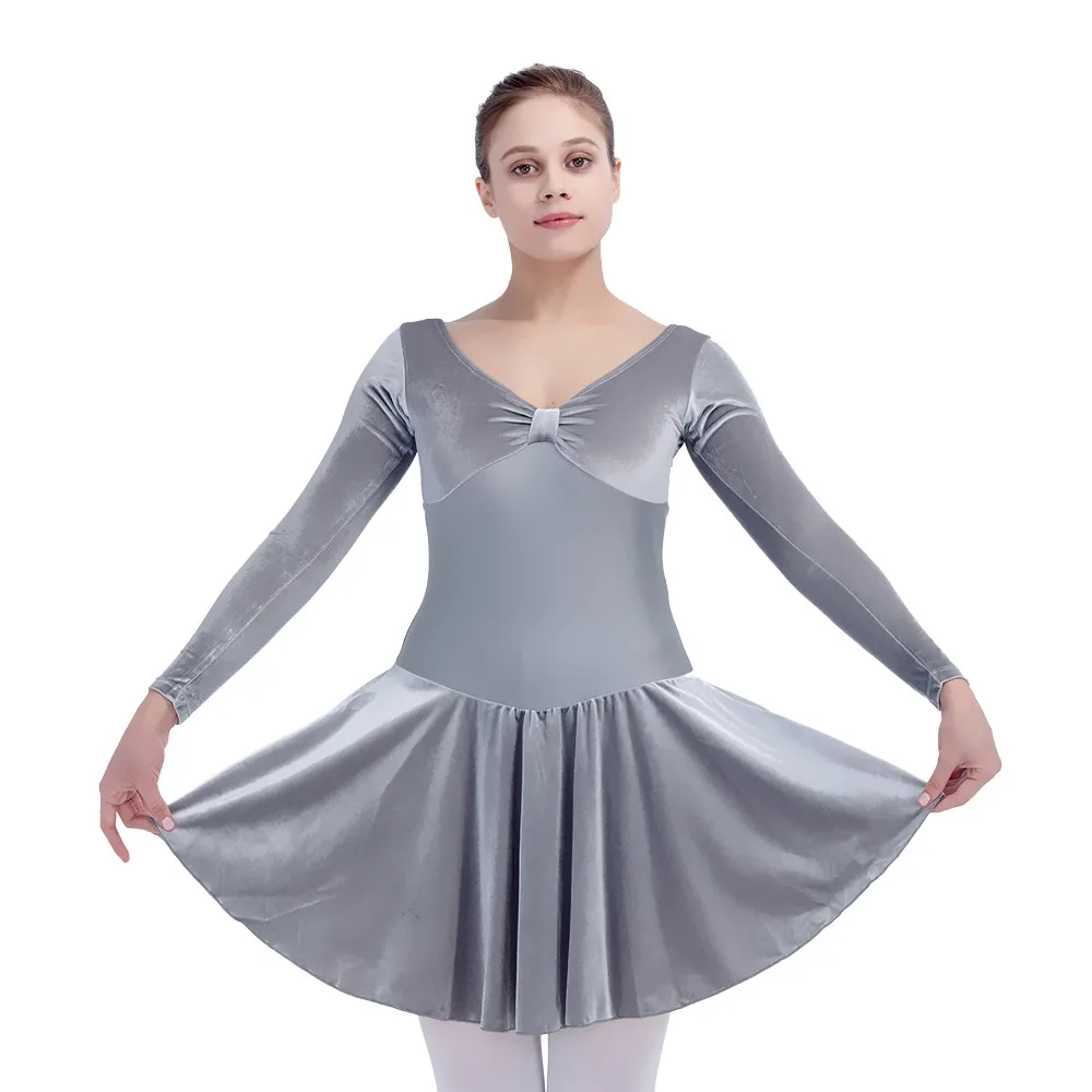 Черное, серое, красное, фиолетовое, королевское синее бархатное балетное танцевальное трико с длинными рукавами для женщин и девочек - Цвет: Dark Gray
