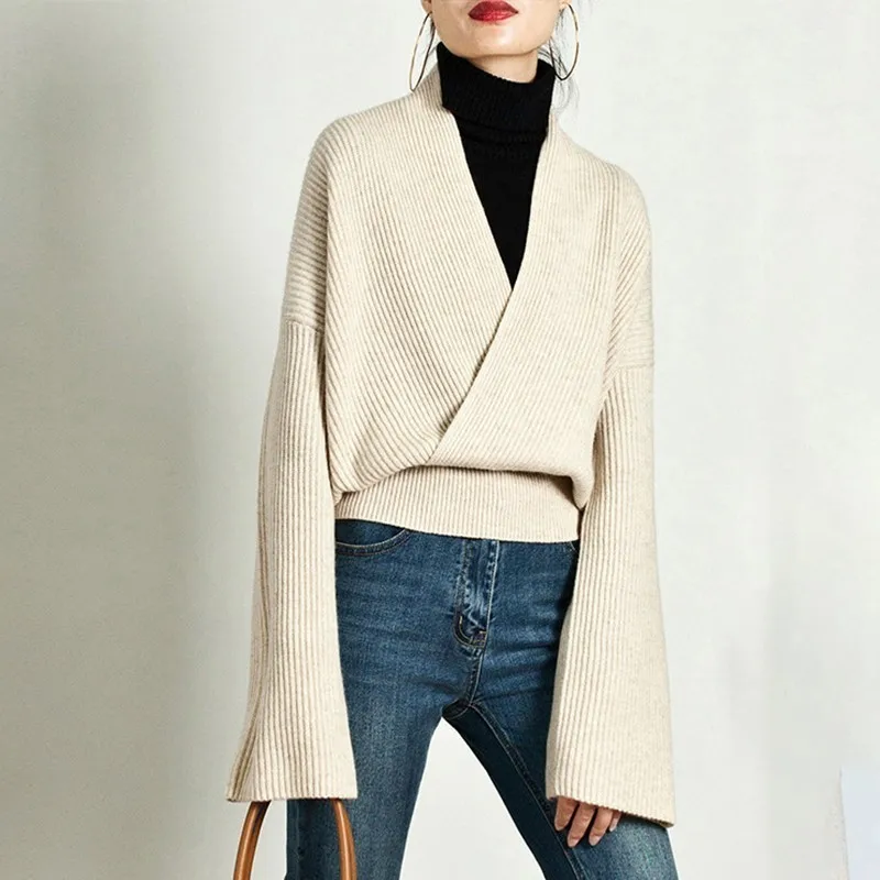 TWOTWINSTYLE, элегантный вязаный свитер, Женский пуловер с длинным рукавом и v-образным вырезом, топы, женская Повседневная модная вязаная одежда, осень - Цвет: apricot