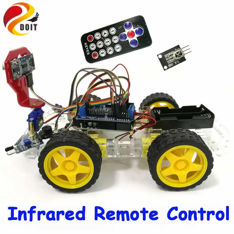 

IR Control Tracking Obstacle Avoidance 4WD Arduino Robot Car Chassis Kit for arduino Board+Motor Drive Shield Board DIY RC