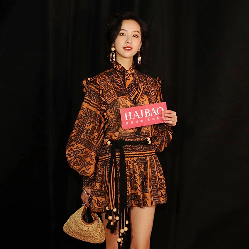 

HIGH QUALITY New Fashion 2019 Designer Runway Dress Women's Lantern Sleeve Bow Collar Vintage Print Dress