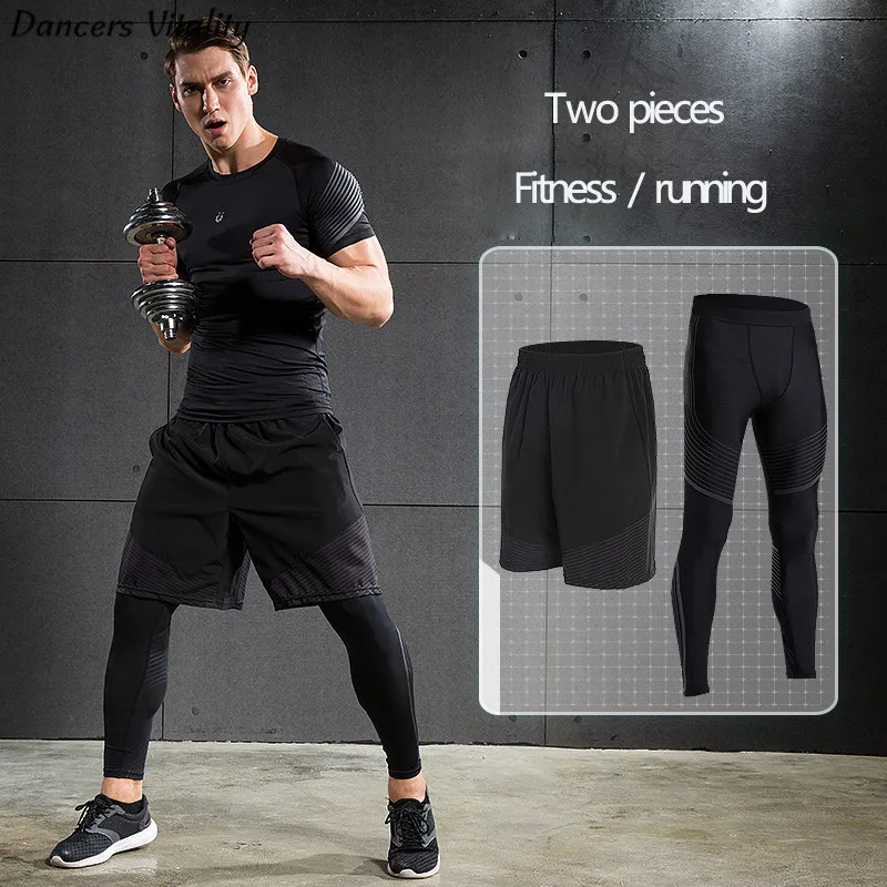 

2017Men's Sports Tights Trousers Running Trousers Quickcuts Basketball Leggings Compression Elastic Fitness Pants Two-piece Set