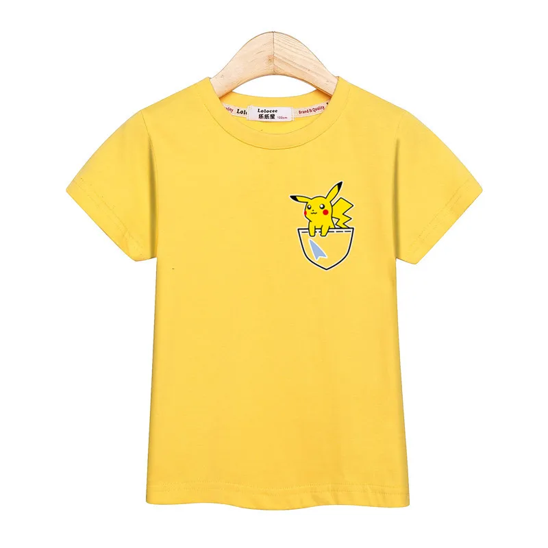 Funny pockets pikachu tops kids clothes little boys short sleeve t-shirt baby girls cute print costume kid boy casual tee shirt - Цвет: Yellow