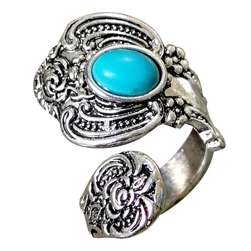 

New Vintage Antique Natural Stone Open Ring Jewelry Blue Turquoises Sea Opal Finger Ring For Women Jewelry Gift