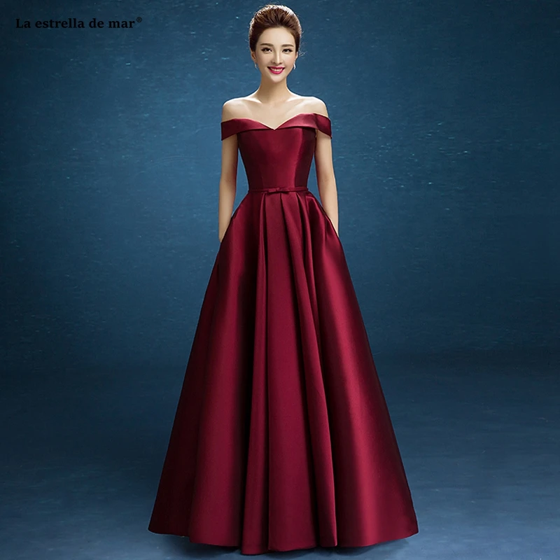 

Robe demoiselle d'honneur 2019 new satin Boat Neck A Line burgundy bridesmaid dresses long real photo wedding party gown