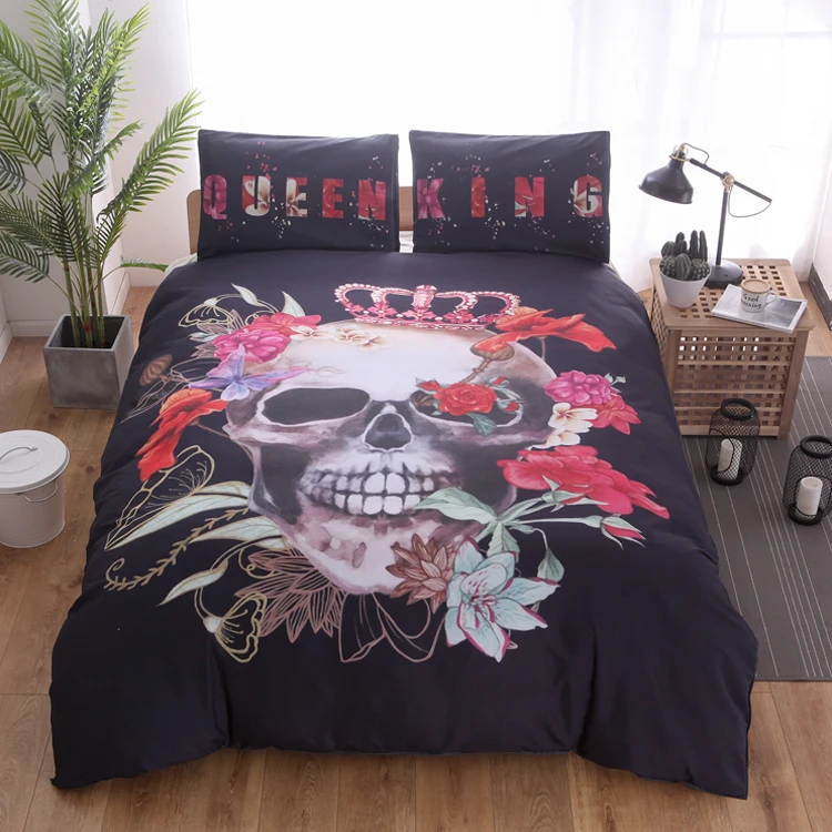 Pureвниз черное постельное белье с изображением Черепа Набор Хэллоуин стиль кровать королева король двойной постельное белье хлопок смесь цветок череп набор пододеяльников