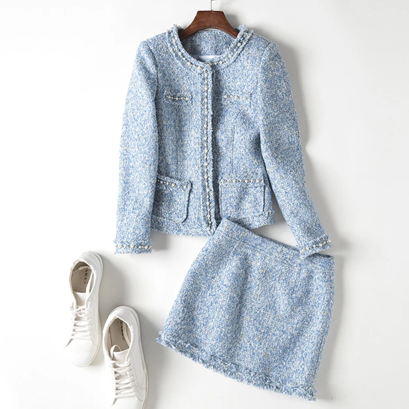 

Celebrity Spring Fall Fit Women Two Piece Skirt Sets Pearls Beading Jacket Mini Skirt Chic England Style Fashion Twin Sets Suits