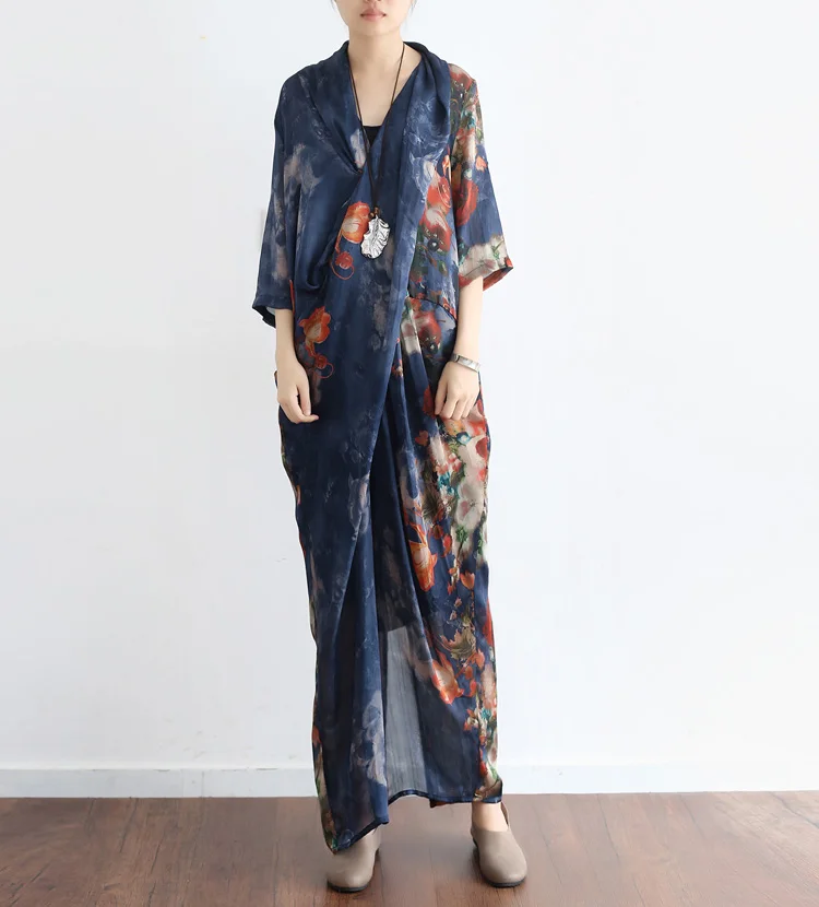 

Floral Printed Summer Chiffon Silk Dress Vintage Half Sleeve Cross Party Vestidos de Festa Summer Style Maxi Dresses Robe Femme