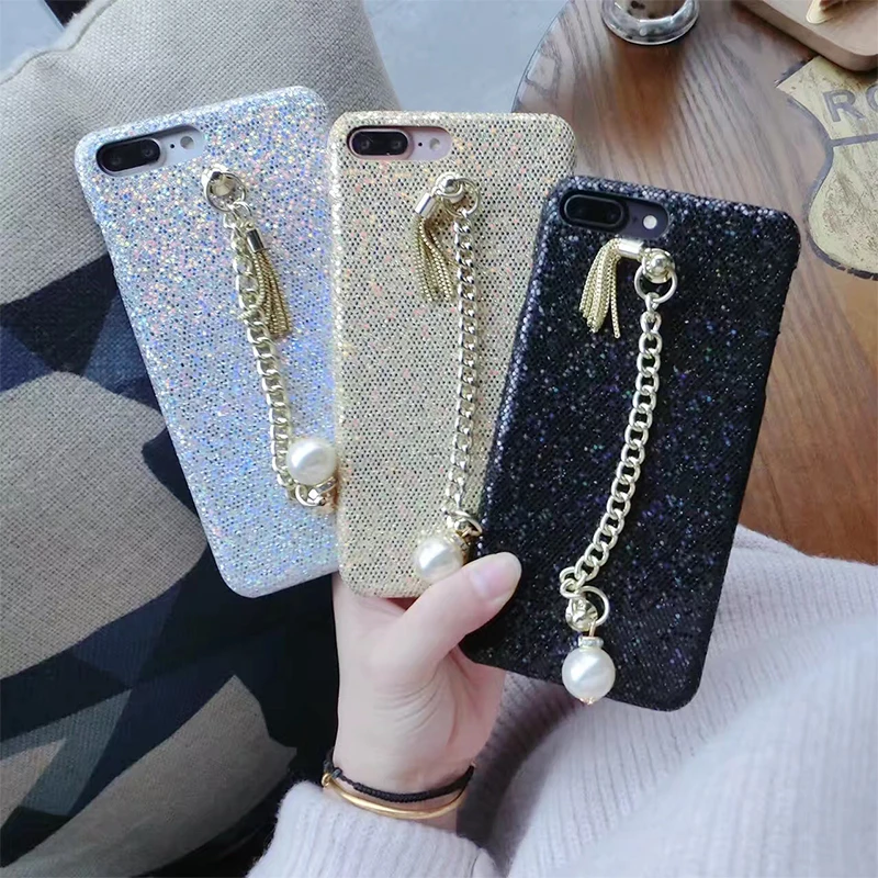 Stylish female Bright Flashing Phone Cases Pearl Chain Bracelet Back