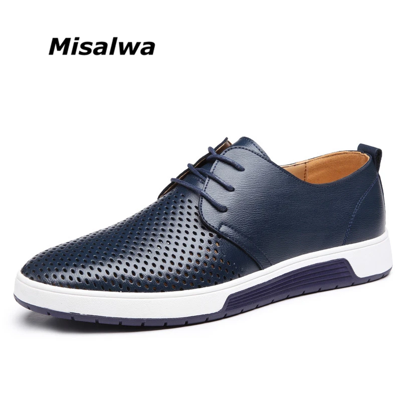 Misalwa 2021 Summer Men Leather Casual Shoes Big Size Hollow Lace-up Breathable Flats Free Drop Shipping | Обувь