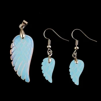 

YJXP Jewelry Sets Classic Silver Plated Opal Opalite Angel Wings Pendant and Drop Earrings for Women Charms Anniversary Gift
