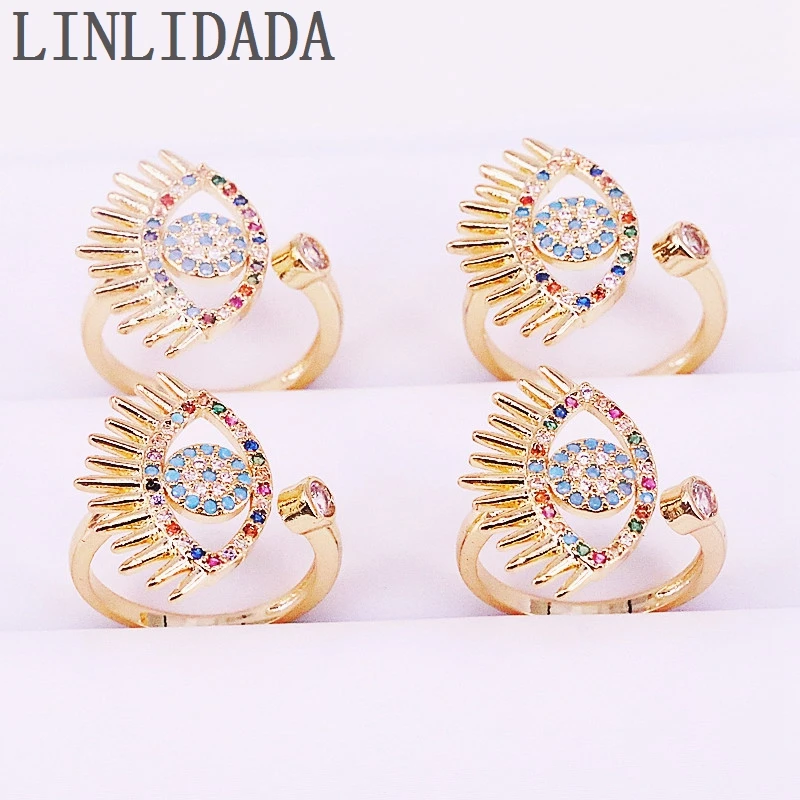 

8Pcs New Trendy Rainbow Colorful CZ Eye Adjustable Finger Rings For Women Party Gold Jewelry