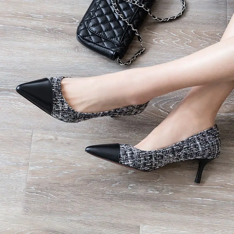 ALLBITEFO/модные брендовые Вечерние туфли на высоком каблуке из натуральной кожи и ткани; женская обувь на высоком каблуке; Офисная Женская обувь; женская обувь на каблуке