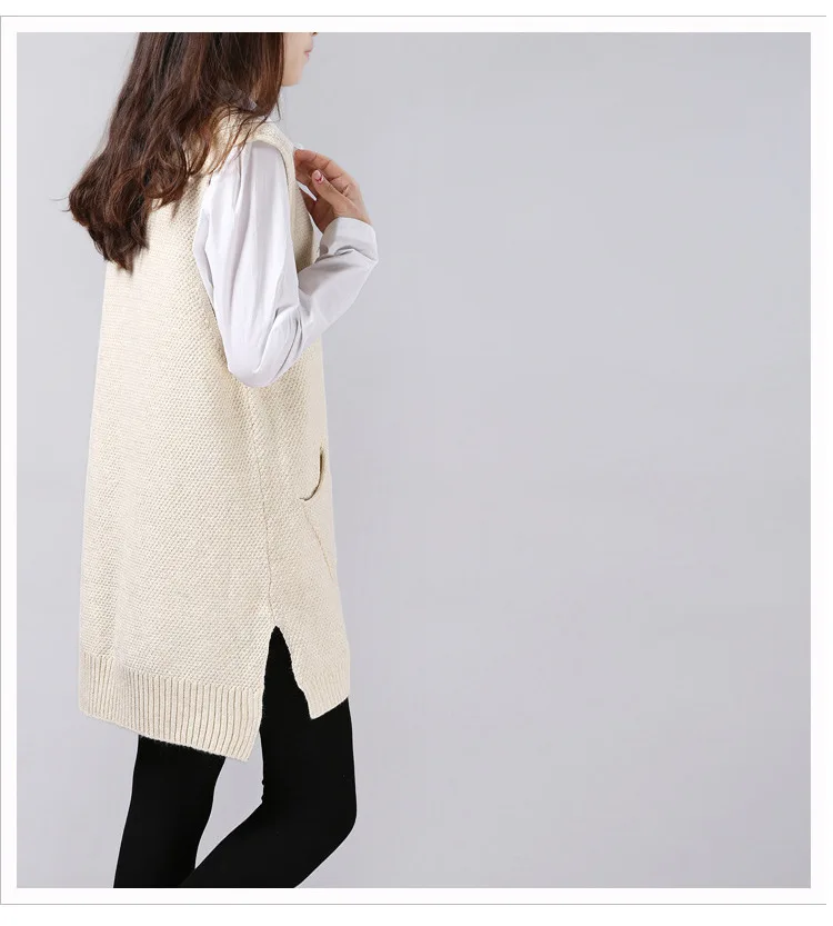 Женский свитер Весна Осень корейский женский вязаный длинный А-образный жилет с v-образным вырезом и карманами пуловер без рукавов