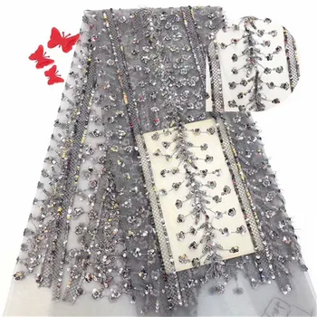 

(5yards/lot ) 2019 New High quality emerald gray Velvet African tulle lace French net lace fabric with Sequins for party dress