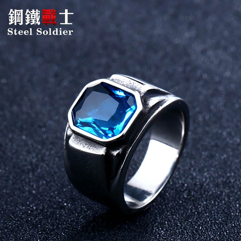 

steel Korean fashion 2018 new solider green stone ring for women blue stone high polished men ring stainless steel jewelry