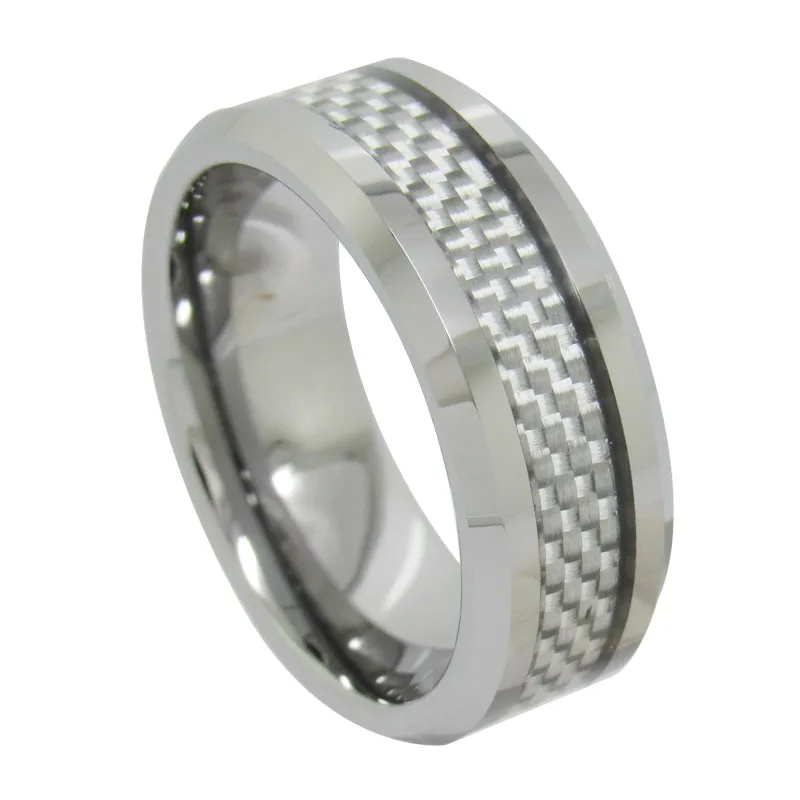 Free Shipping 8mm White Carbon Fiber inlay High polish Tungsten Carbide