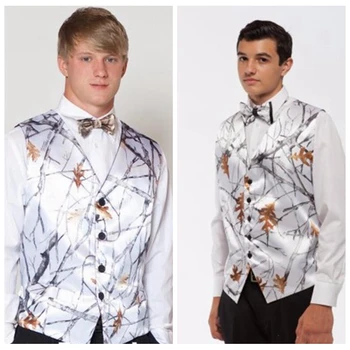 

White Real Tree Camo Men Vests With Bow Camouflage Groom Groomsman Vest Cheap Satin Custom Formal Wedding Vests Camouflage