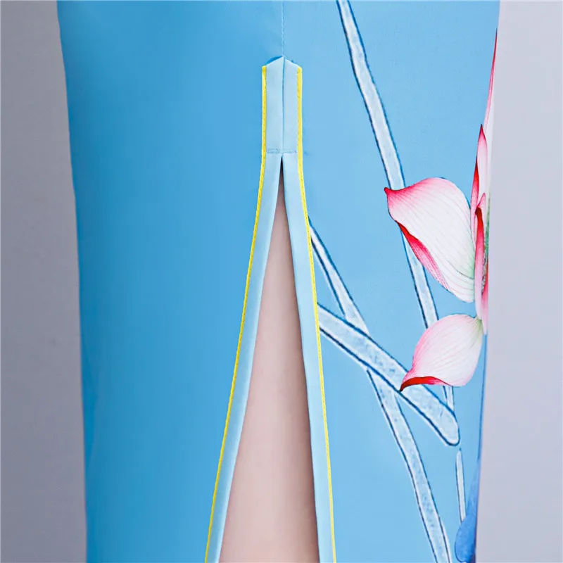 Модные синие печати Cheongsam Длинные платья Chinoise подобные шелковые Qi Pao для женщин Традиционный китайский костюмы Oriental винтажное платье