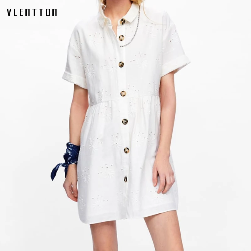 

Spring Summer Hollow Out Women's Dresses Embroidery Short Sleeve White Beach Dress Casual Mini A-Line Dress For Women Vestidos