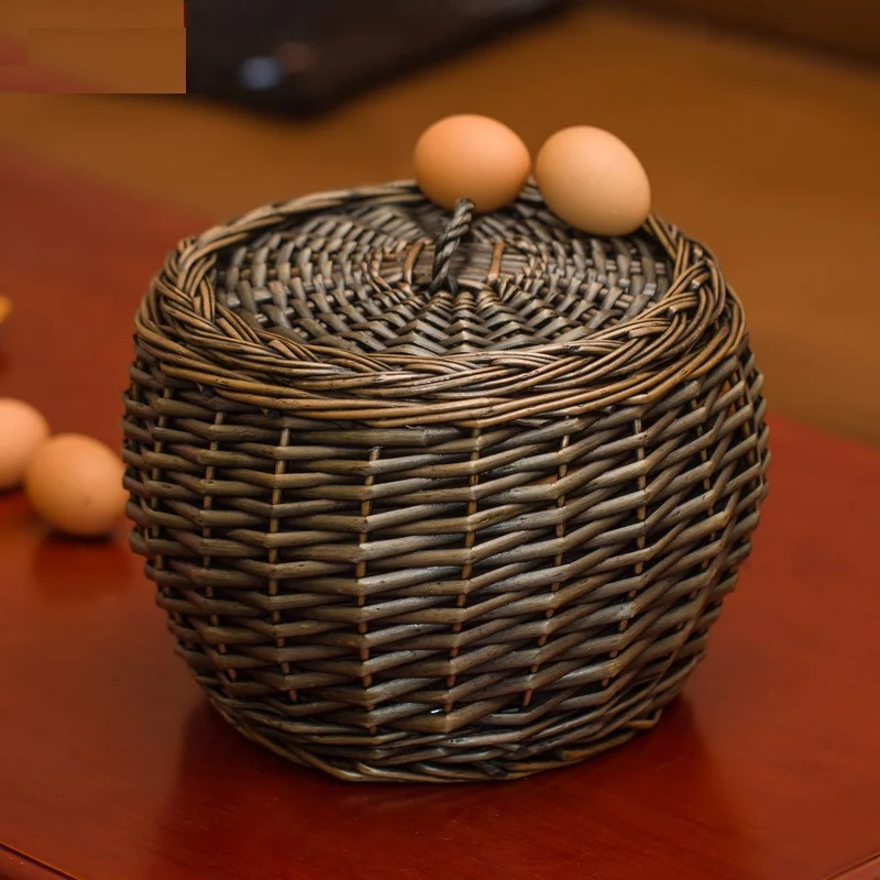 Плетеные корзины для яиц из ротанга с крышкой, плетеная корзина из натурального ротанга, лоток для хранения на кухне ручной работы