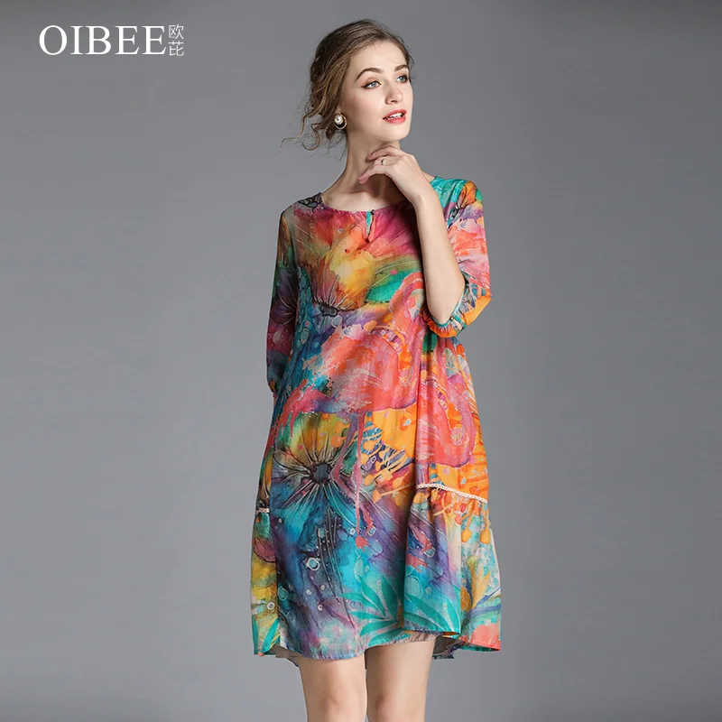 OIBEE2019 о-образный вырез Половина рукава размера плюс принт ТРАПЕЦИЕВИДНОЕ летнее большое свободное шелковое платье - Цвет: Design and color