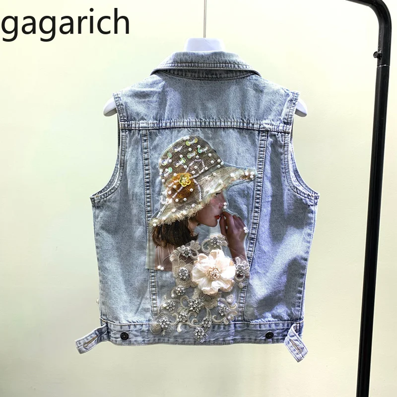 

Gagarich Women Vest Spring Autumn 2019 New Korean Version Fashion Embroidery Nail Pearl Girls Black Loose Denim Vests