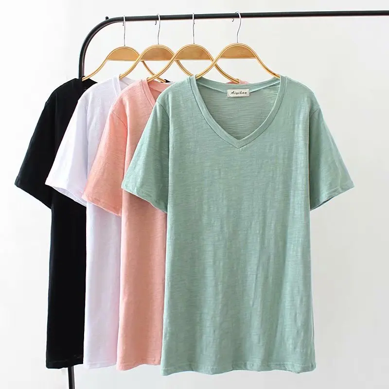 

2019 Spring Oversized Plus Size Women T Shirt Cotton Solid White v-neck t-shirts Women Tops Tshirt Summer Tee Shirt
