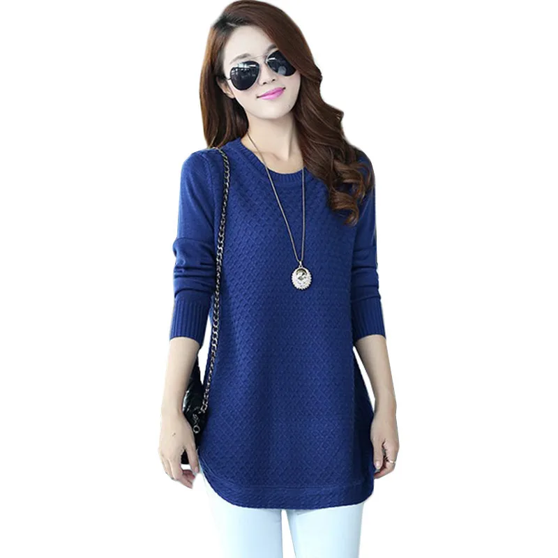 Comprar 2018 Otoño Invierno suéter mujer cuello redondo suéter de punto tamaño grande suelta mangas largas mujeres tapas camisa inferior suéter