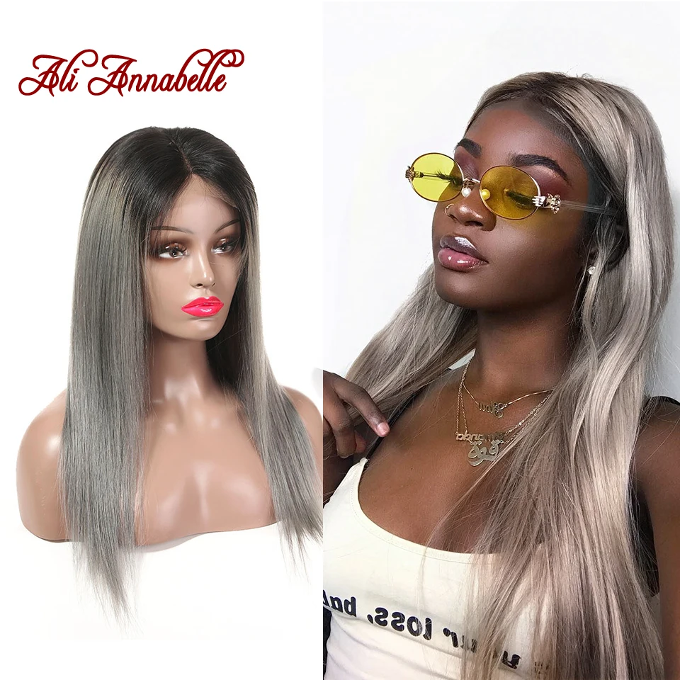 

ALI ANNABELLE HAIR Brazilian Lace Front Wig Straight Hair 16 Inch Lace Wigs Ombre Hair 1B/Grey Lace Front Wig Remy Hair