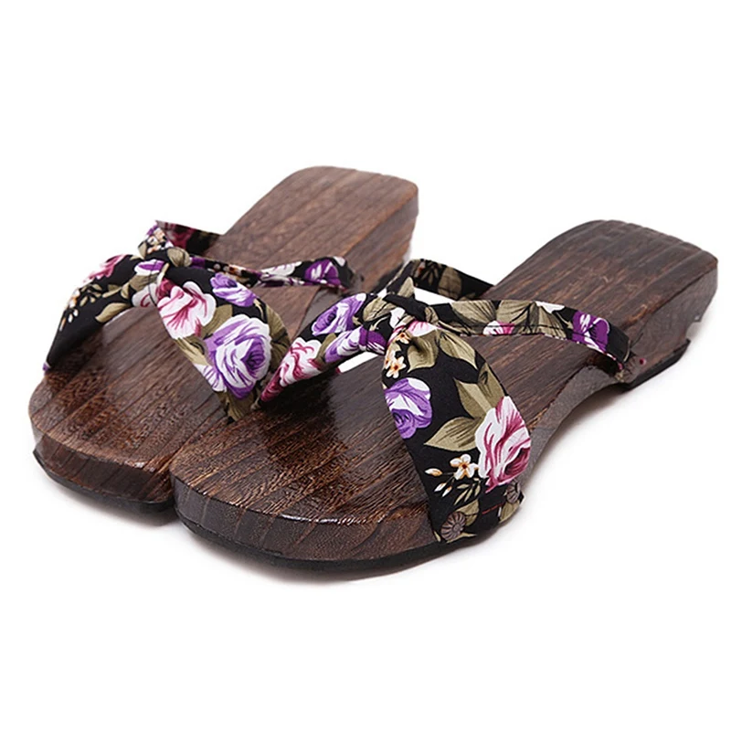 

Womens Beach Travel Wooden Sandals Summer Slip-On Clogs Shoes Charming Japanese Clogs Wood Sandals Flats Flip Flops