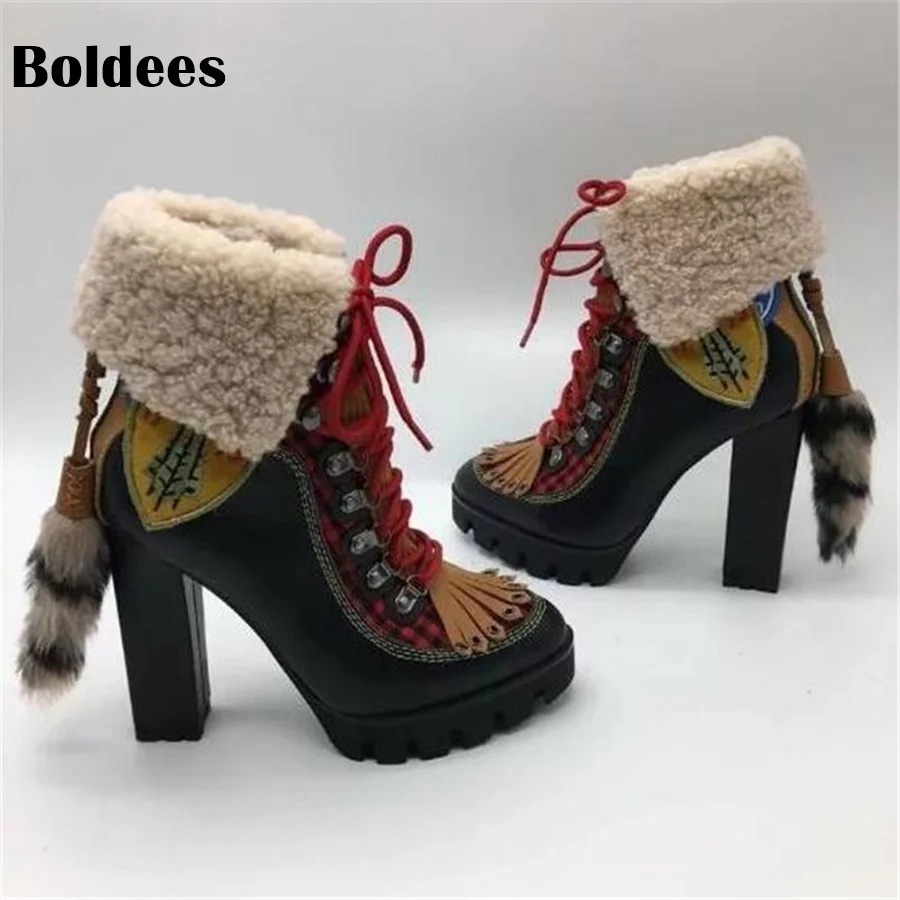 

Winter Wool Snow Boots Woman Round Toe Bandage Platform High Heel Boots Women Short Fashion Lace Up Ankle Booty