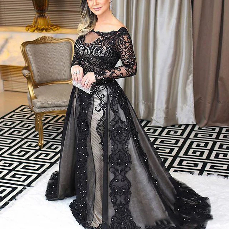 Amazing Long Sleeve Prom Dresses Bateau Neck Beads Lace Applique Backless Mermaid Evening Gowns Charming Arabia Celebrity Dress Party Gowns189