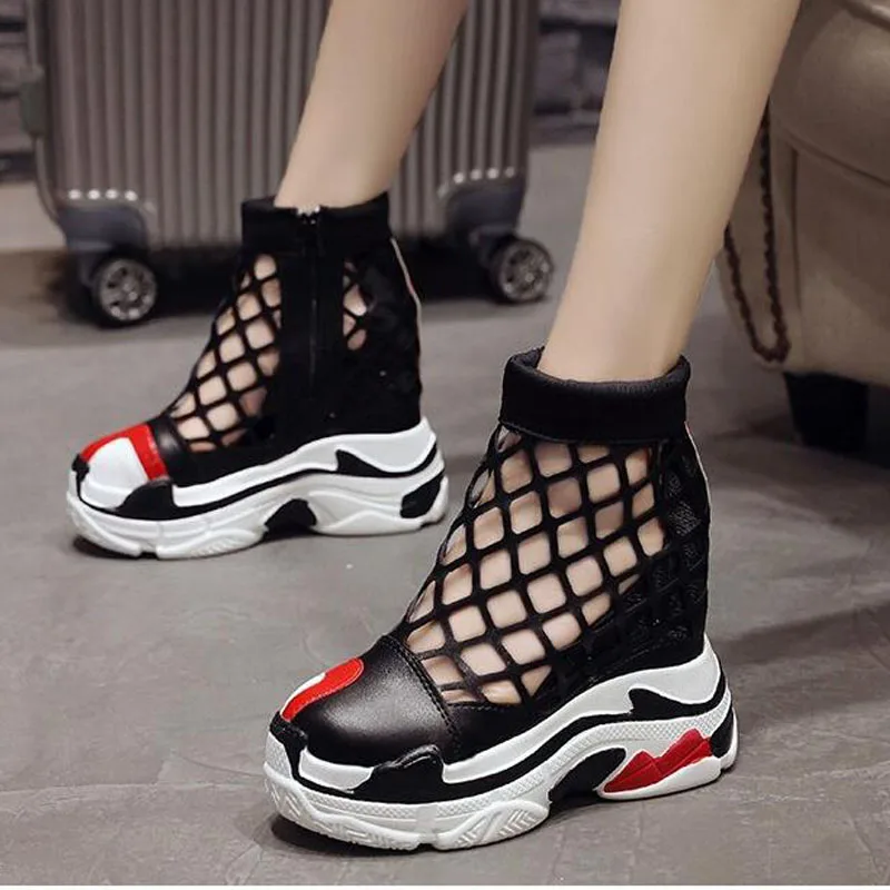 

Summer Sneakers Platform Wedges Women Elevator Shoes Hidden High Heels Women Hollow Slides mesh Sandals