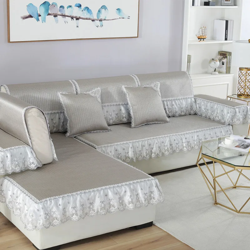 

Summer Cooling Breathable Ice Silk Sofa Cover With White Lace Non Slip Sleeping Mat Armrest Backrest Cushion Home Decoration