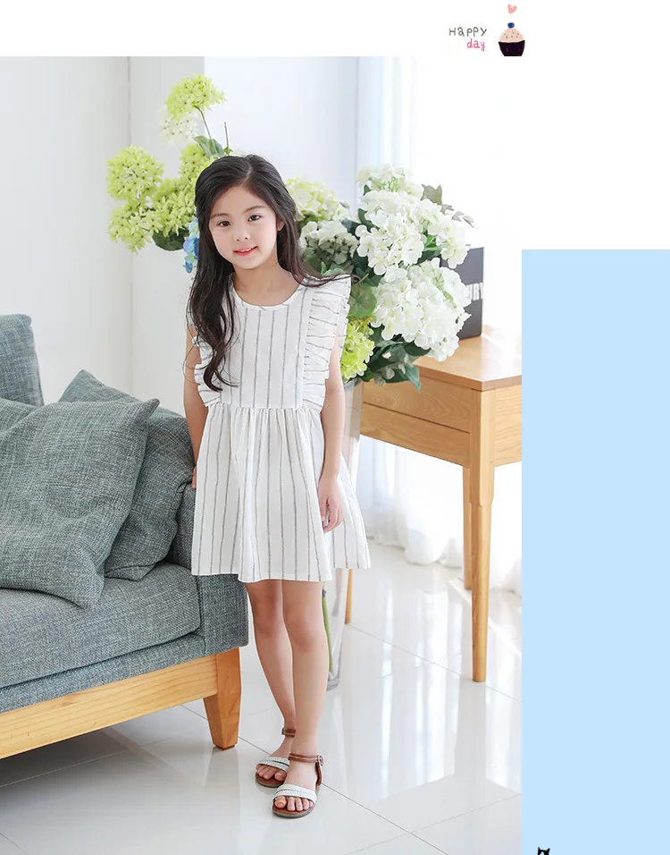 Yeediosn Summer Beach Kids Dresses For Girls Cotton Striped Girls Princess Dress Sleeveless Ruffles Children White Girl Costume (9)