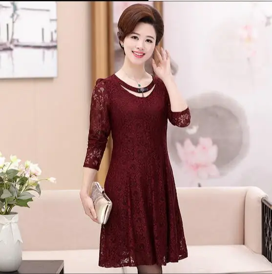

Retro 2019 Autumn Plus Size 4XL Middle Aged Women Dress Lace Elegant A Line Ladies Dresses Wedding For Femme Vestidos Q240