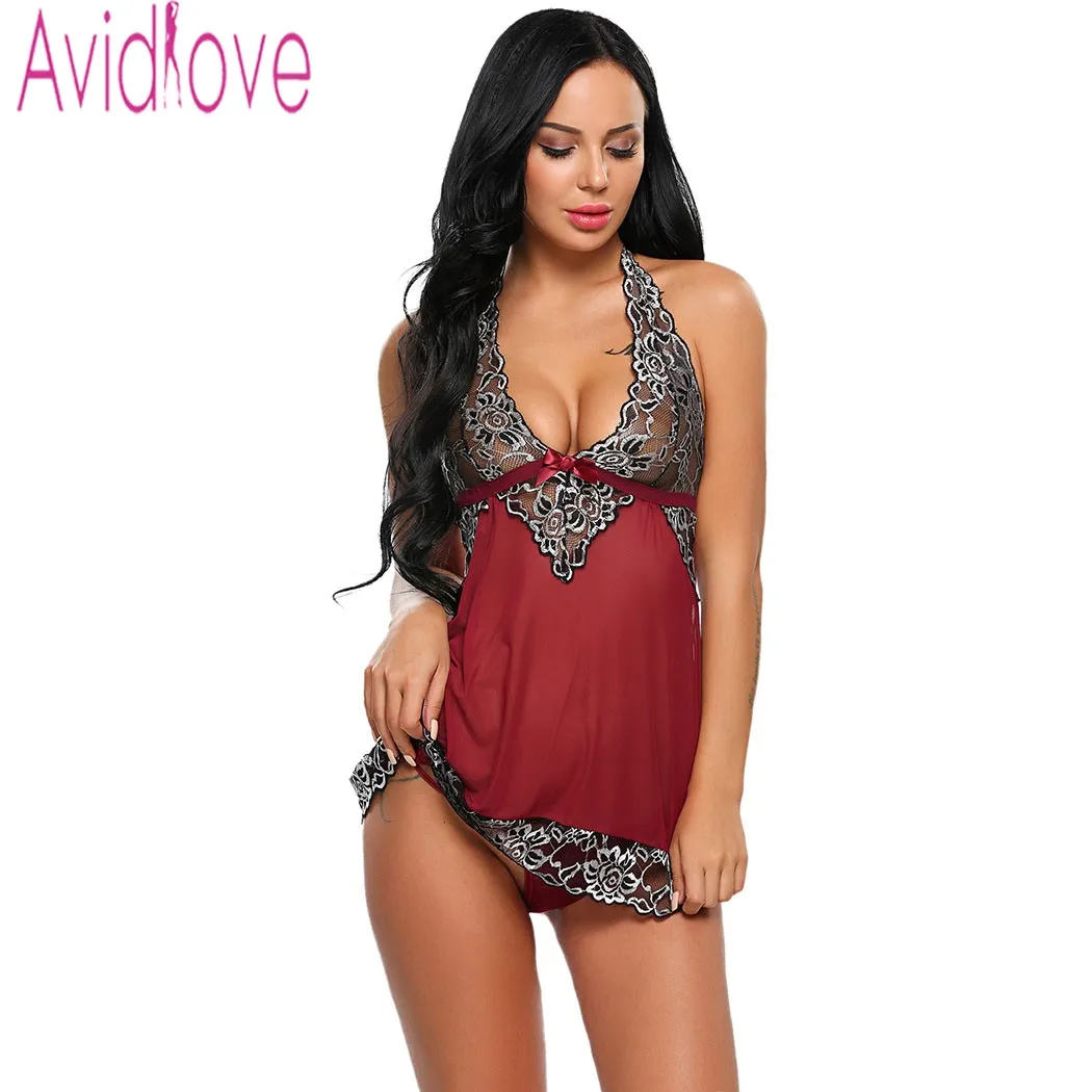 

Avidlove 2017 Women Sexy Lingerie Hot Sexy 4 Colors Women Sexy Lingerie Babydoll Halter Lace Pathwork See Through Mesh Nightwear