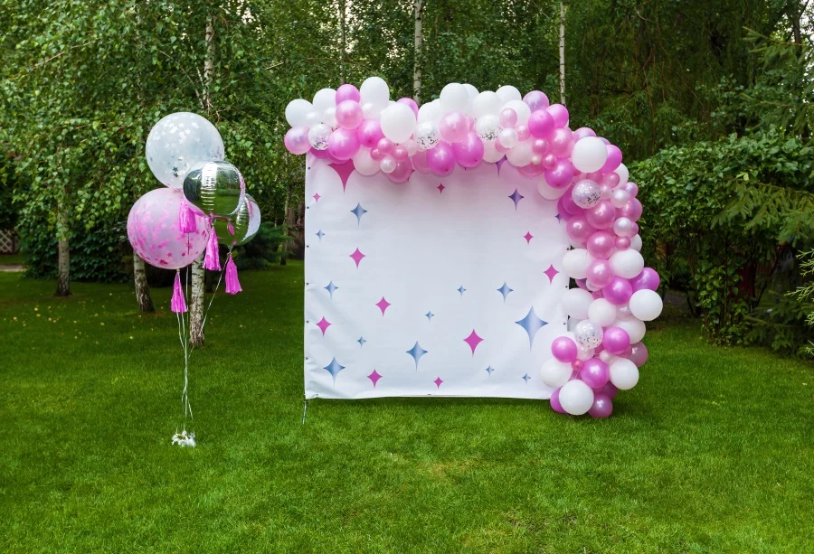 

Laeacco Pink Balloons Green Grass Tree Baby Birthday Party Outdoor Scenic Photo Backdrop Photography Background For Photo Studio